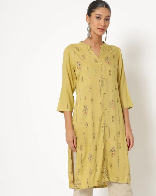 Printed Straight Kurta with Notched Collar