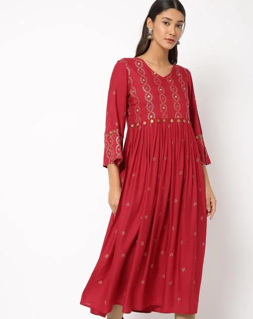 Rogan Print Flared Kurta with Mirror Embellishments