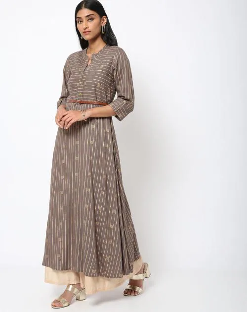 Striped Flared Long Kurta with Buckled Belt