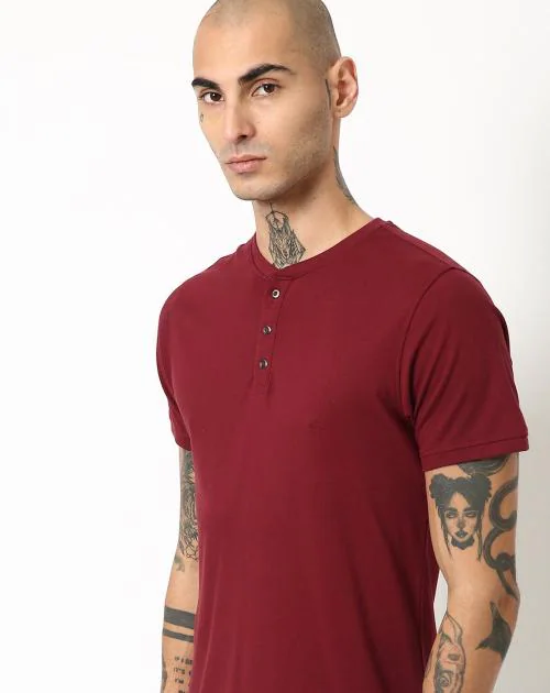 Regular Fit Henley-Neck T-Shirt with Short Sleeves