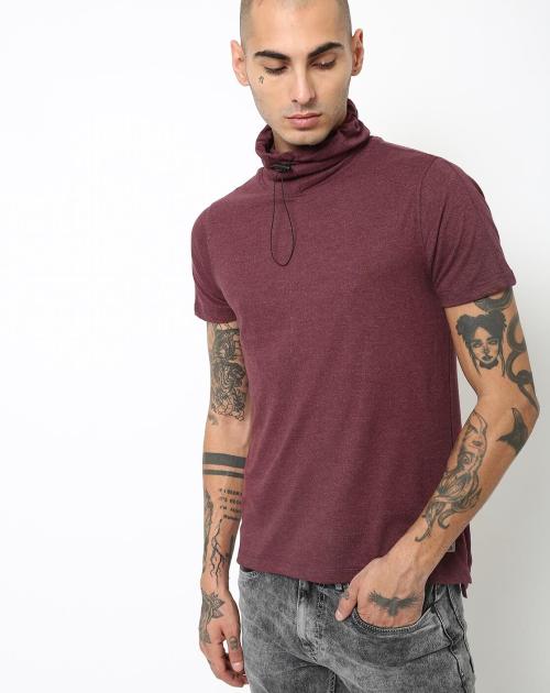 Regular Fit Heathered Snood-Neckline T-Shirt