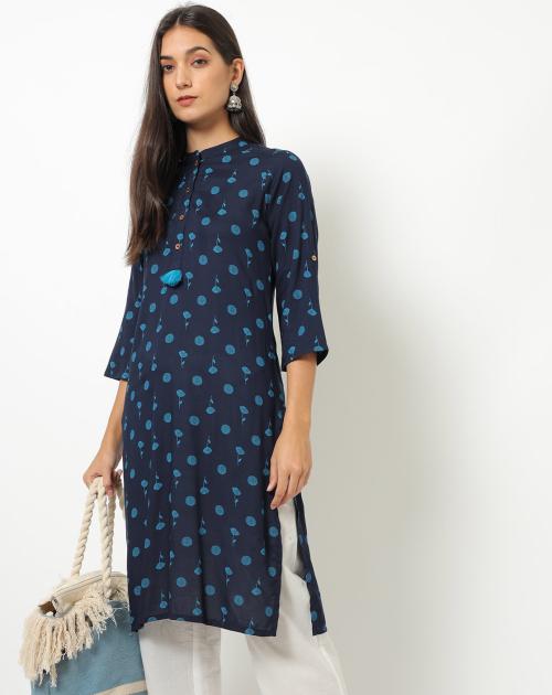 Printed Straight Kurta with Tassel Accent