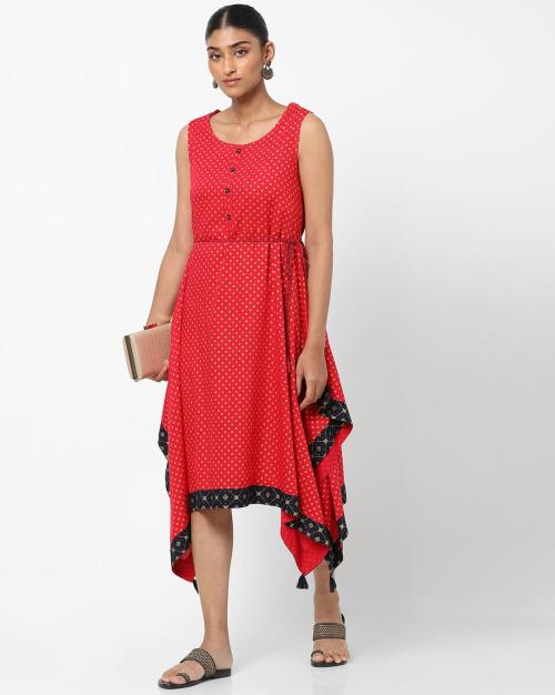 Printed A-line Dress with Handkerchief Hemline