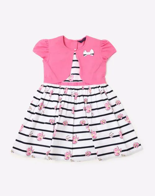 Striped A-line Dress with Puff Sleeves