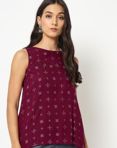 Printed Top with Asymmetrical Hemline