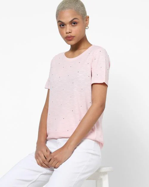 Heathered Round-Neck T-shirt with Embellishments