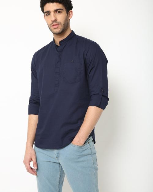 Men Slim Fit Band-Collar Shirt
