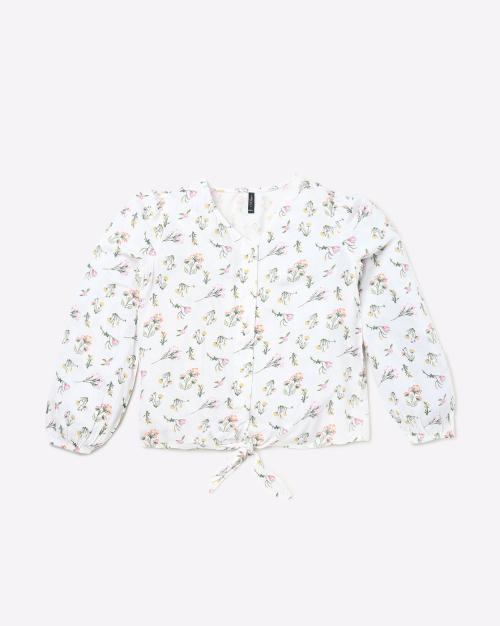 Floral Print V-neck Top with Tie-Up