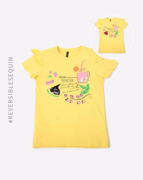 Graphic Print T-shirt with Sequin Embellishments