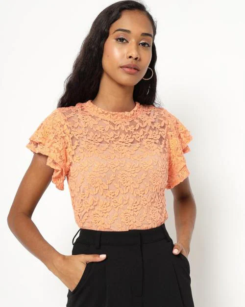 Lace Top with Ruffled Sleeves