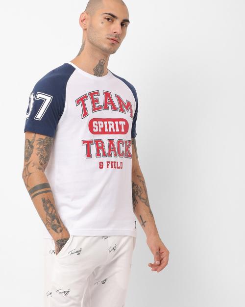 Typographic Print Crew-Neck T-shirt with Contrast Raglan Sleeves