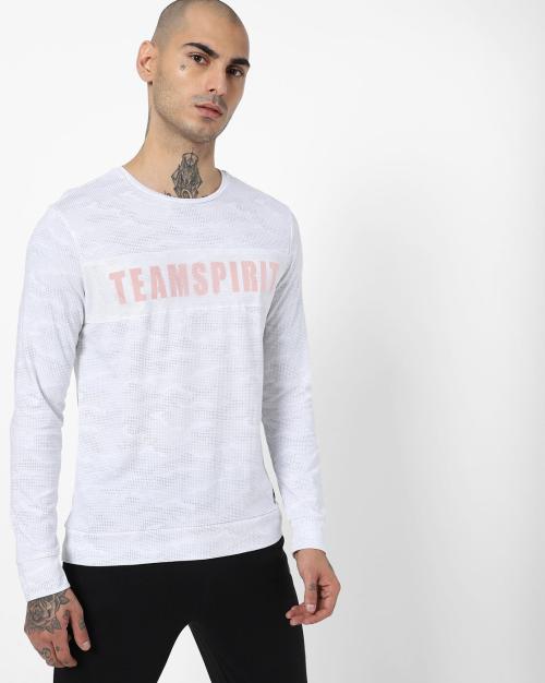 Camo Print Full-Sleeve Crew-Neck T-shirt with Typography