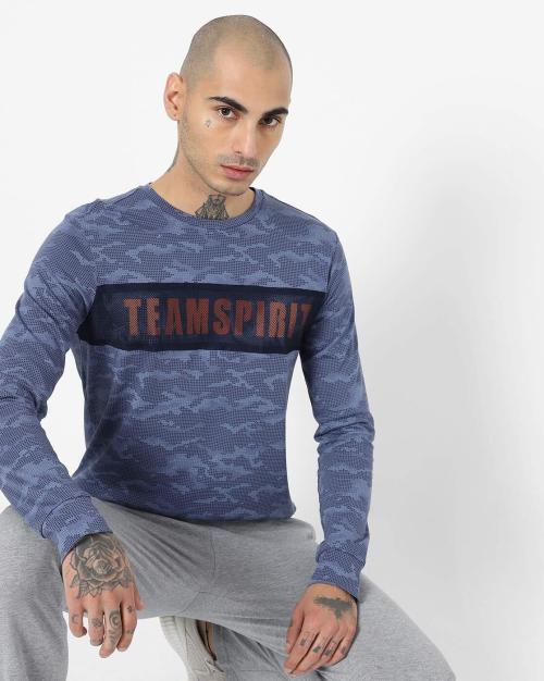 Camo Print Full-Sleeve Crew-Neck T-shirt with Typography