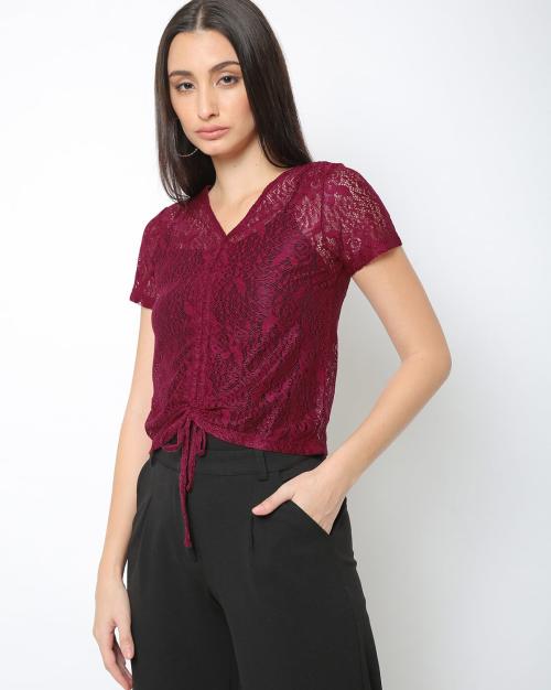 Lace Embroidered Top with Front Tie-Up