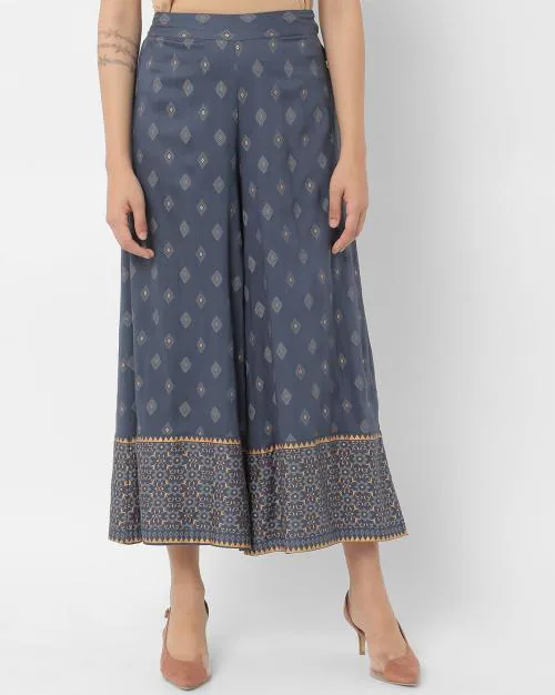 Block Print Flared Palazzo with Elasticated Waist