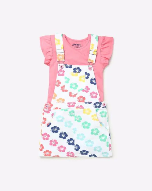 Floral Print Dungaree Set with Patch Pocket