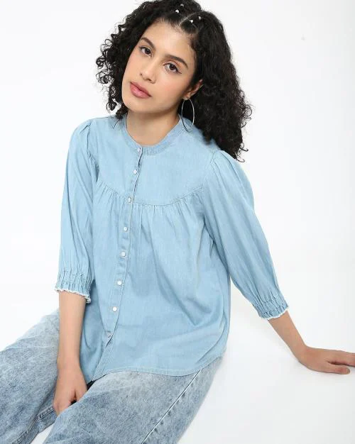 Denim Shirt with Band -Collar