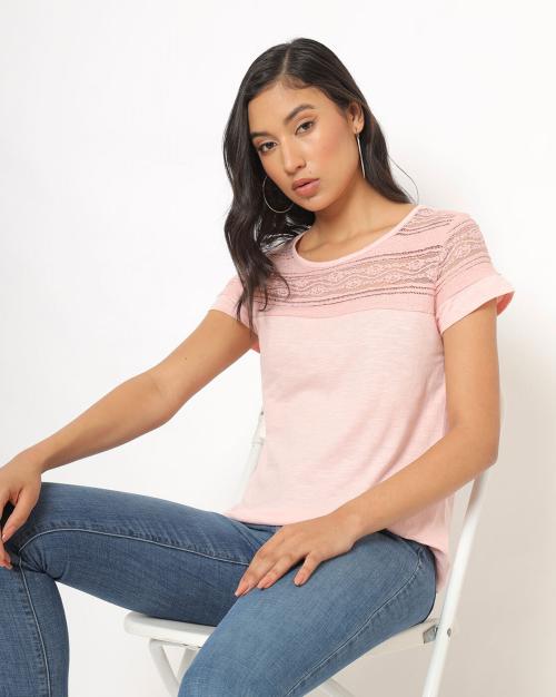 Heathered Crew-Neck T-shirt with Lace Yoke