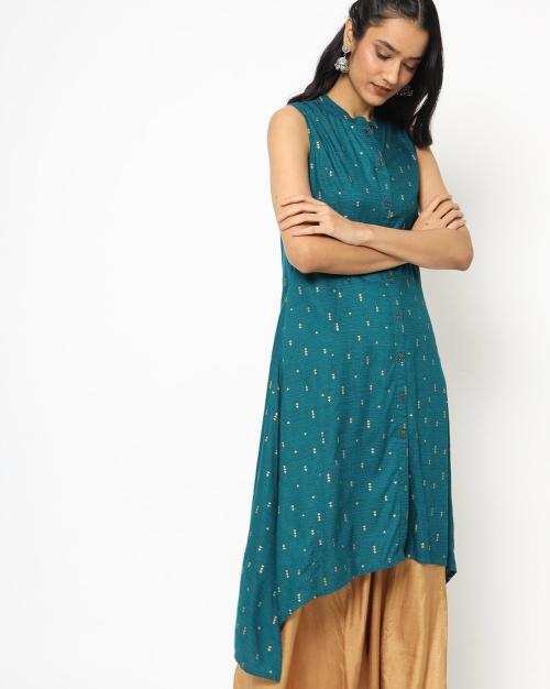 Printed High-Low Kurta with Mandarin Collar