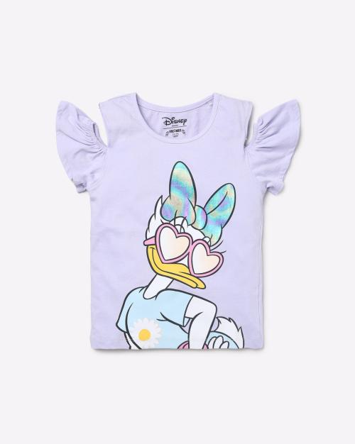 Donald Duck Print Round-Neck T-shirt with Cold-Shoulder Sleeves