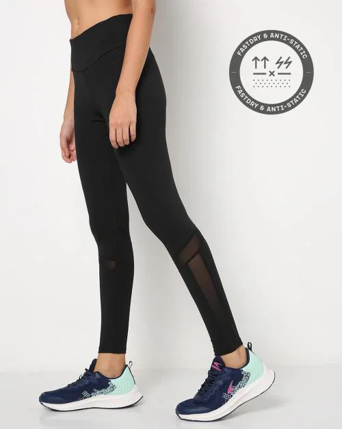 Logo Print Sports Leggings with Mesh Panels