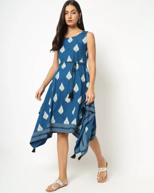 Printed Sleeveless A-line Dress with Handkerchief Hemline