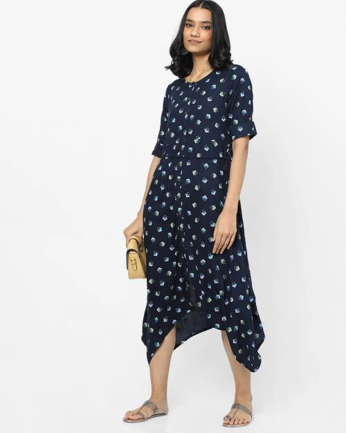 Buy Printed Aline Dress with Handkerchief Hemline Online at Best