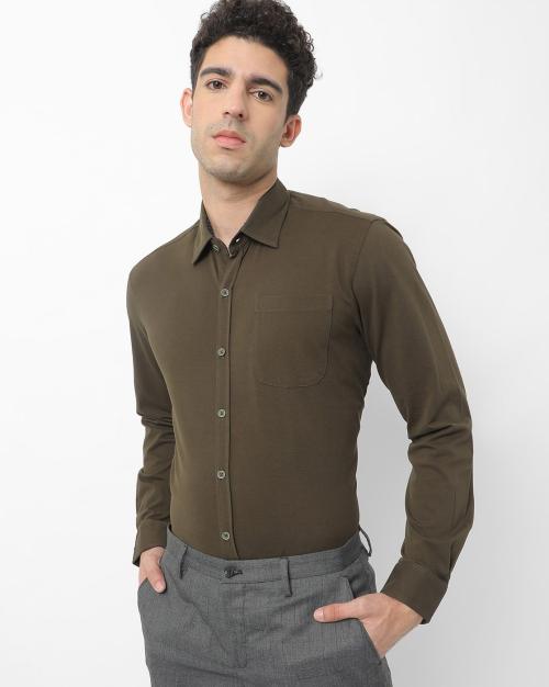 Men Slim Fit Knitted Shirt with Patch Pocket