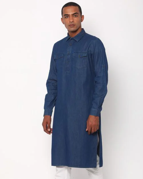 Denim Slim Fit Pathani Kurta