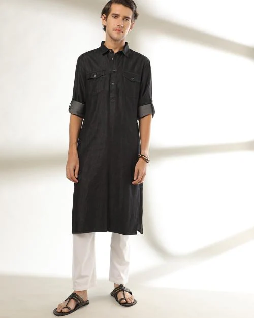 Slim Fit Pathani Kurta with Flap Pockets