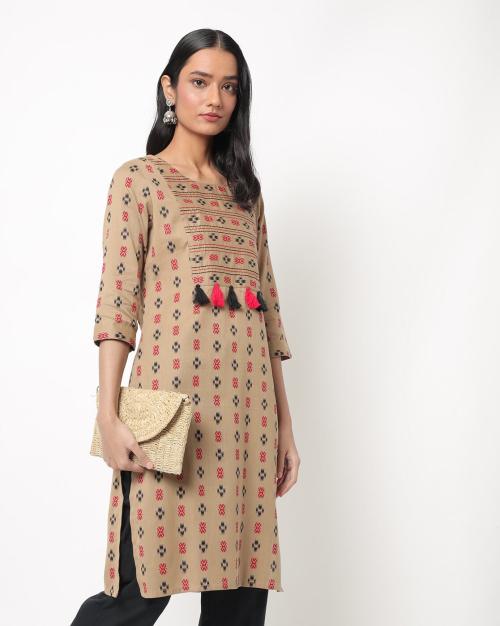 Buy Geometric Print Straight Kurta with Tassels Online at Best Prices