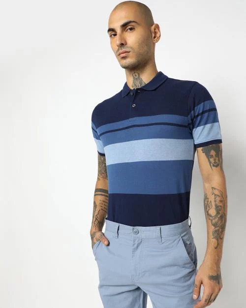 Striped Polo T-shirt with Cut-Away Collar