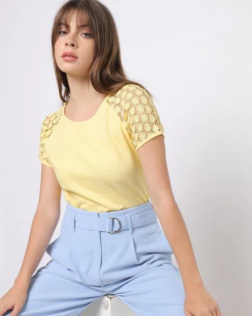 Round-Neck T-shirt with Lace Accent