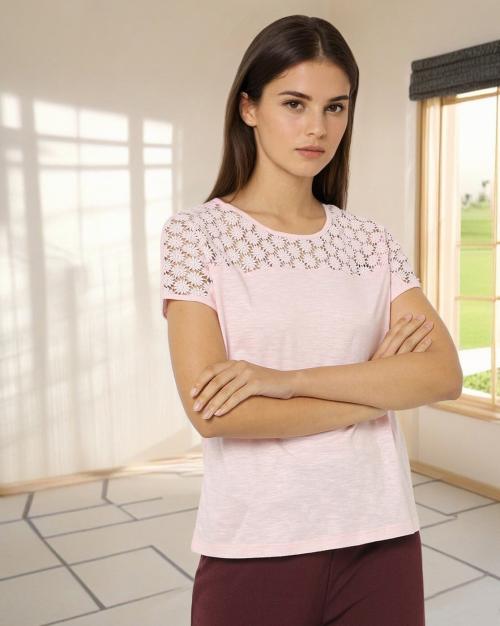 Boat-Neck T-shirt with Lace Yoke