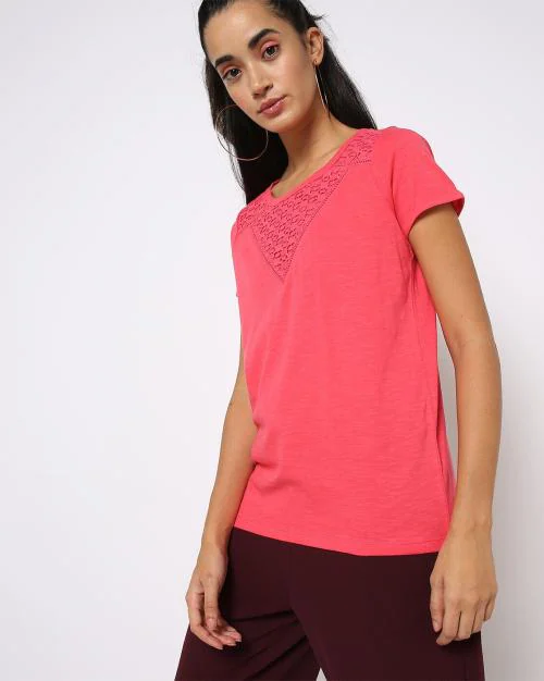 Round-Neck T-shirt with Lace Accent