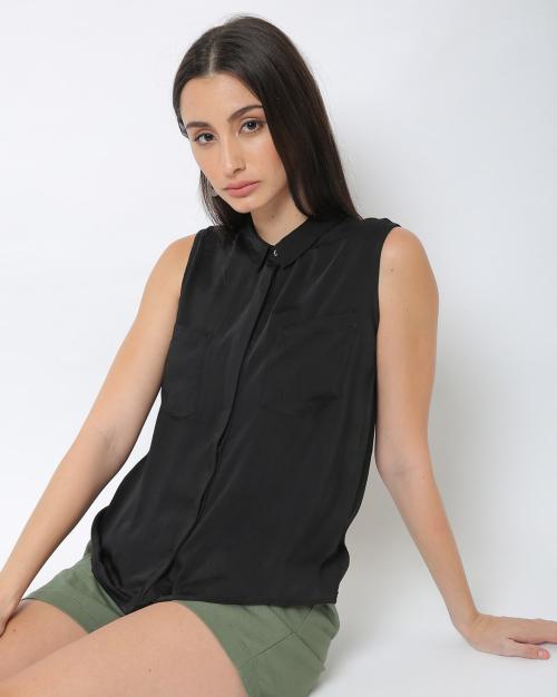 Sleeveless Blouse with Patch Pockets