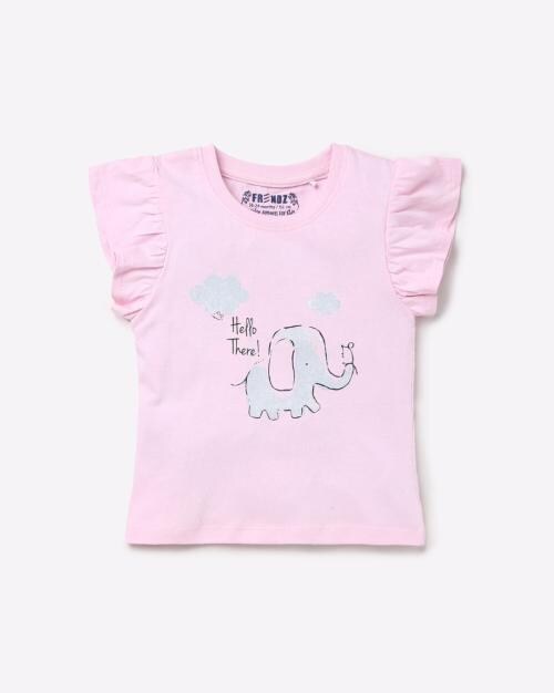 Graphic Print Crew-Neck T-shirt with Sleeve Ruffles