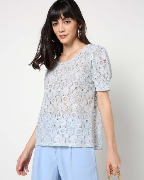 Lace Top with Elasticated Sleeve Hem