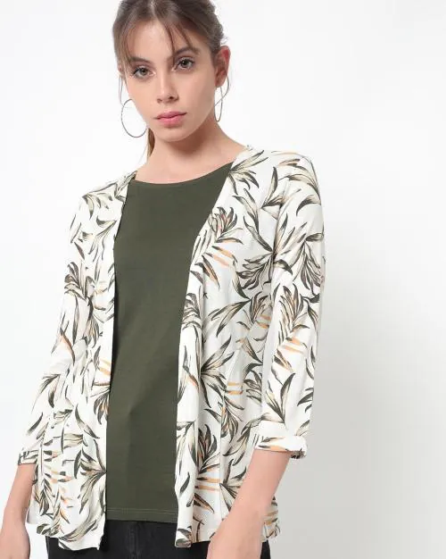 Leaf Print Open-Front Shrug