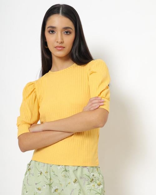 Ribbed Round-Neck Top with Puff Sleeves