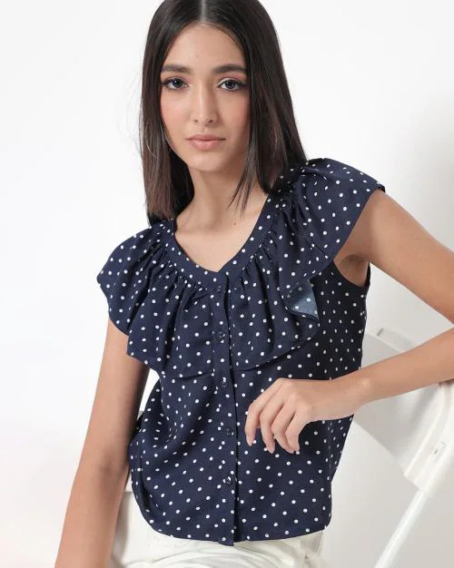 Polka-Dot Print Button-Down Top