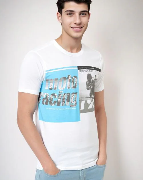 Regular Fit Moto Racing Print Crew-Neck T-Shirt