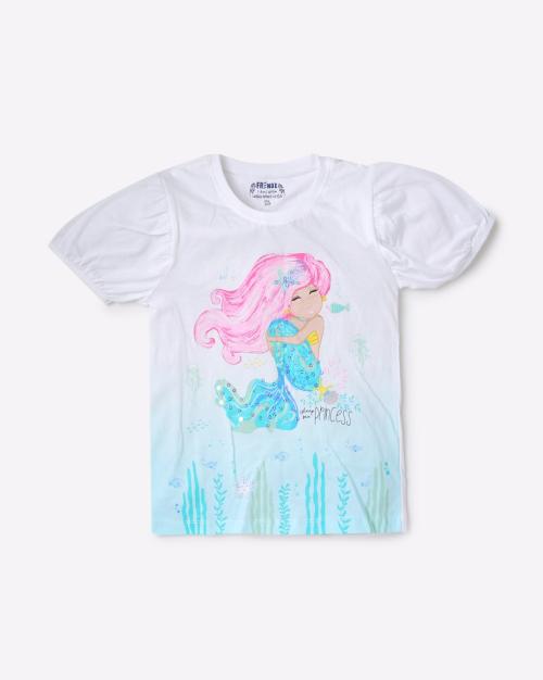 Mermaid Print T-shirt with Puff Sleeves