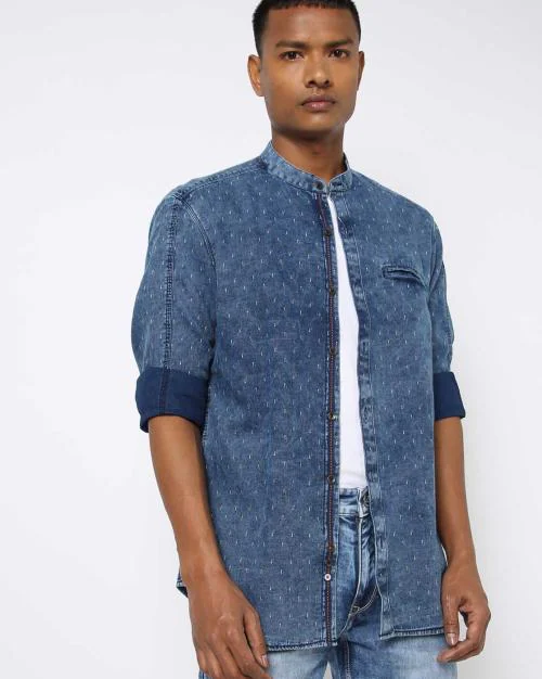 Men Micro Print Slim Fit Shirt with Welt Pocket