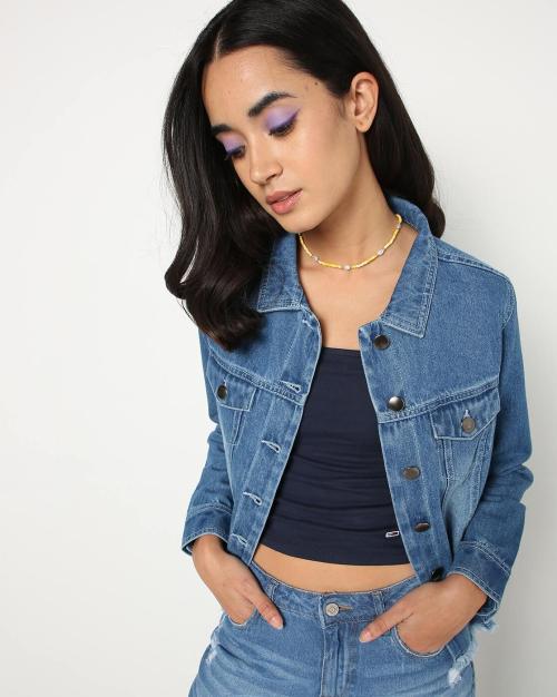 Panelled Denim Jacket with Frayed Hem