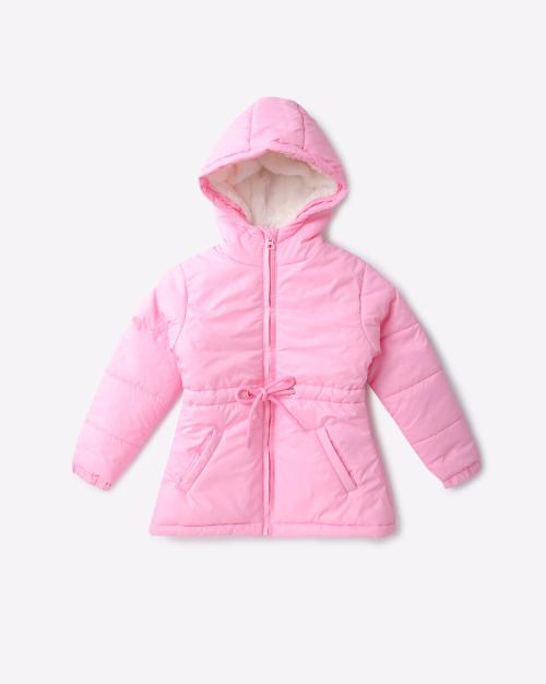 Quilted Zip-Front Hoodie with Waist Tie-Up