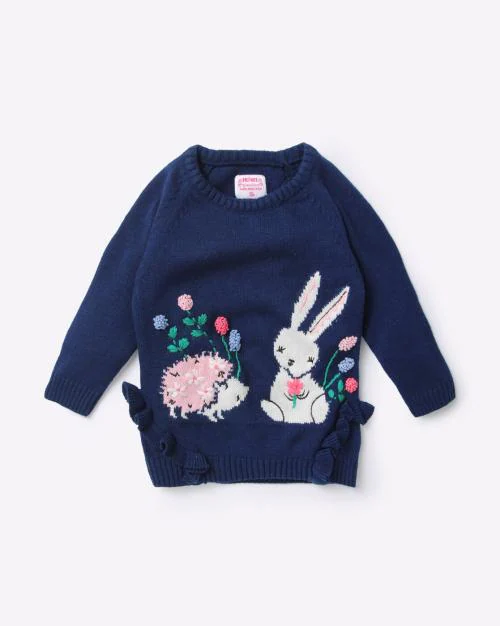 Embroidered Flat Knit Sweater with Ruffled Hem