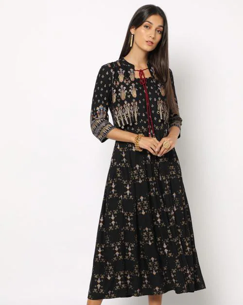 Floral Print A-line Dress with Mock Jacket