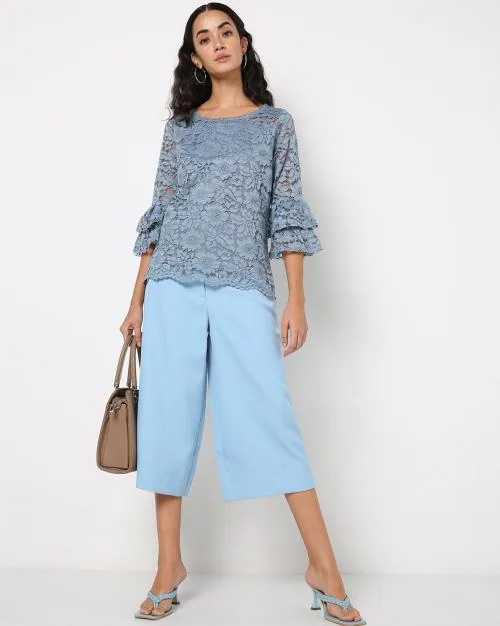 Floral Lace Top with Ruffle Sleeves