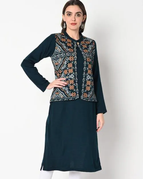 Knitted Straight Kurta with Mock Jacket